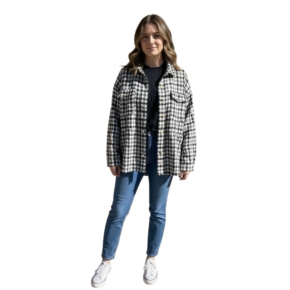 Umgee Tweed Black and White Plaid Oversized Shacket Jacket Size Large